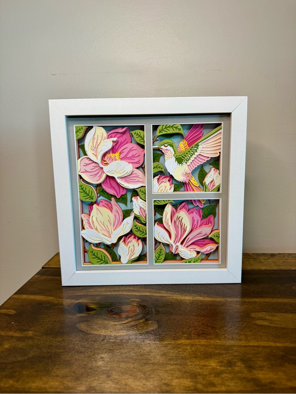 3D Magnolia Flowers Hummingbird Shadowbox